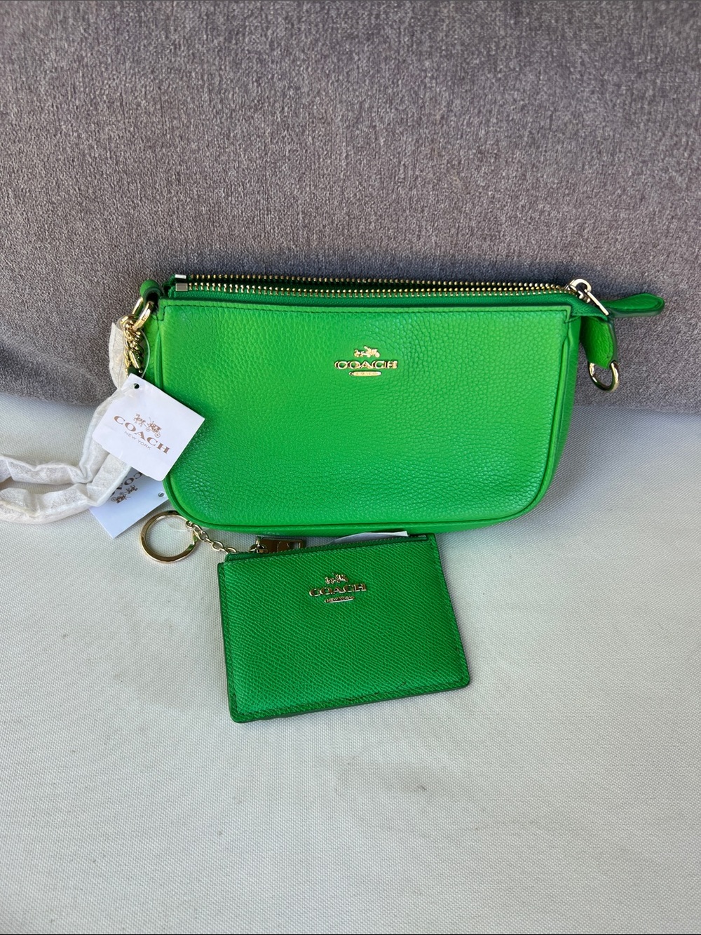 Coach Wristlet/Shoulder Bright Green Pebbled Leather with Card Case.  NWT